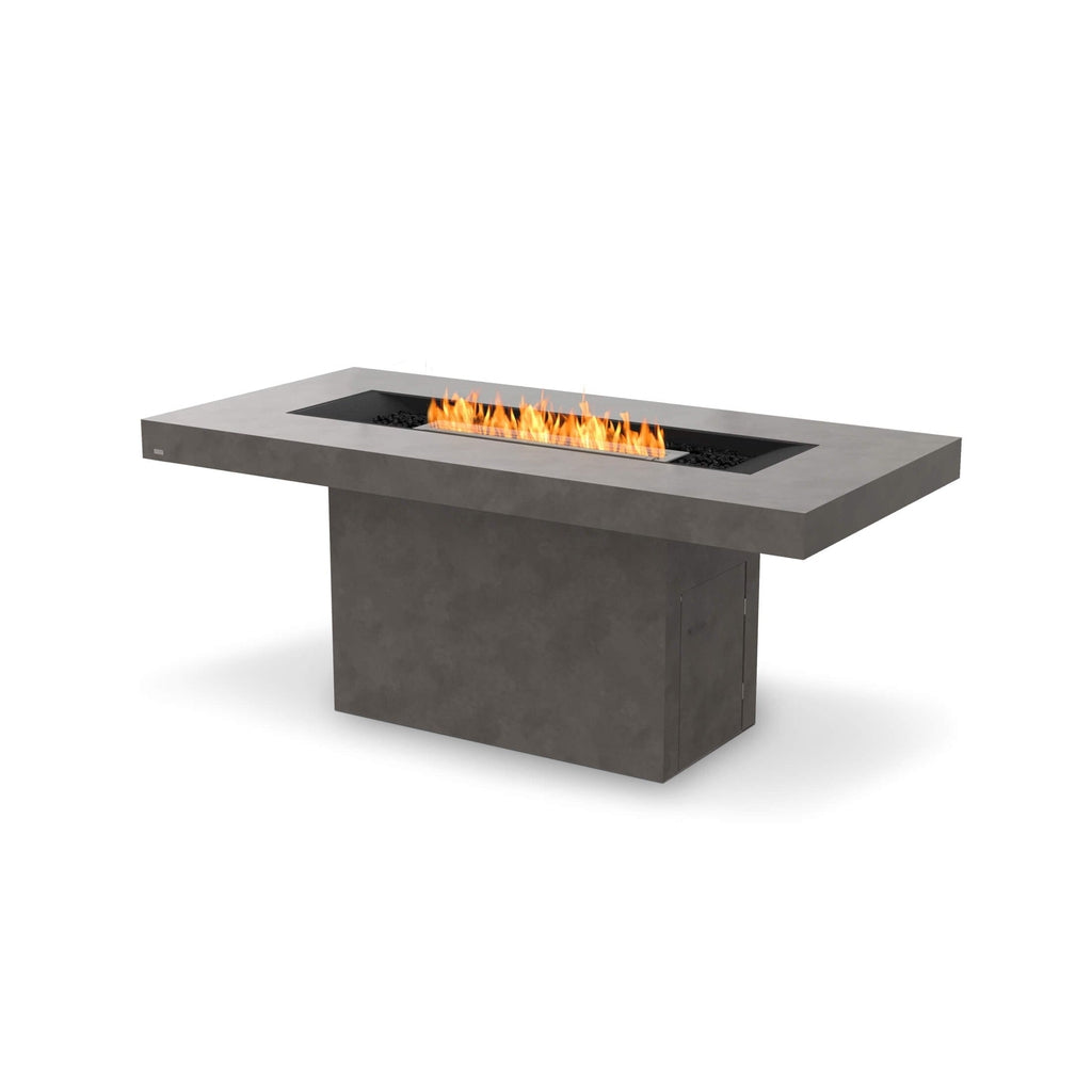EcoSmart Fire Gin 90 bar table in grey concrete with a central linear bioethanol flame and black decorative stones.