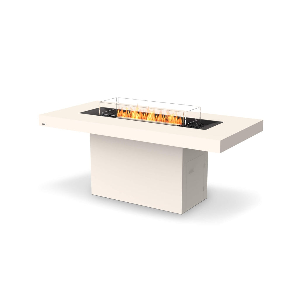 EcoSmart Fire Gin 90 bar table with a cream finish, central bioethanol burner, glass screen, and black decorative stones.