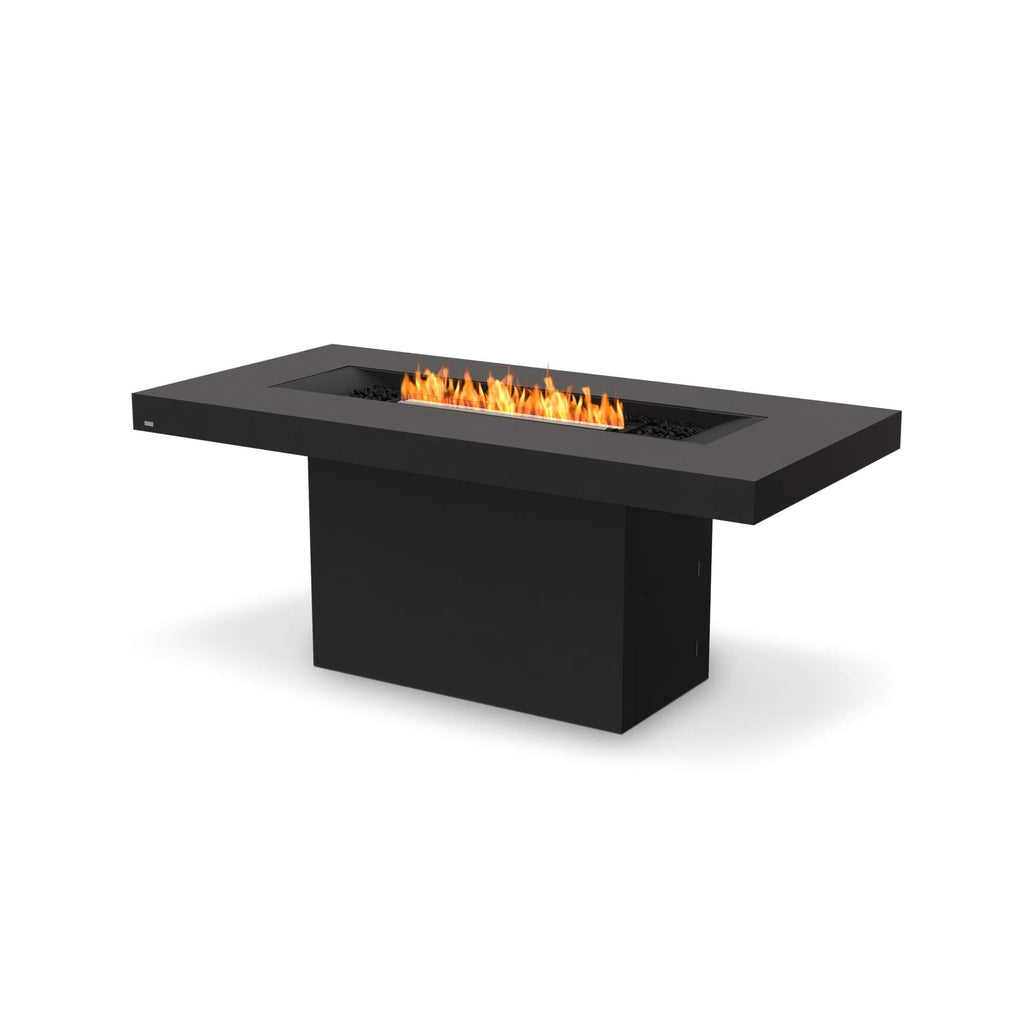 EcoSmart Fire Gin 90 bar table in matte black with a central linear flame and black decorative stones.