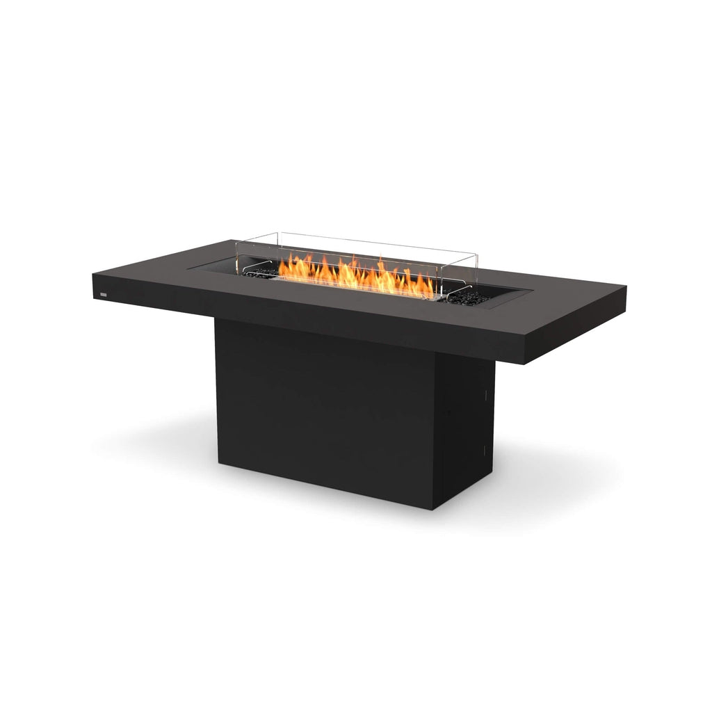 EcoSmart Fire Gin 90 bar fire pit table in black with a central linear flame and glass wind screen on a white background.