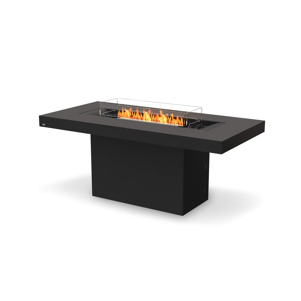 EcoSmart Fire Gin 90 bar fire pit table in black with a central linear flame and glass wind screen.