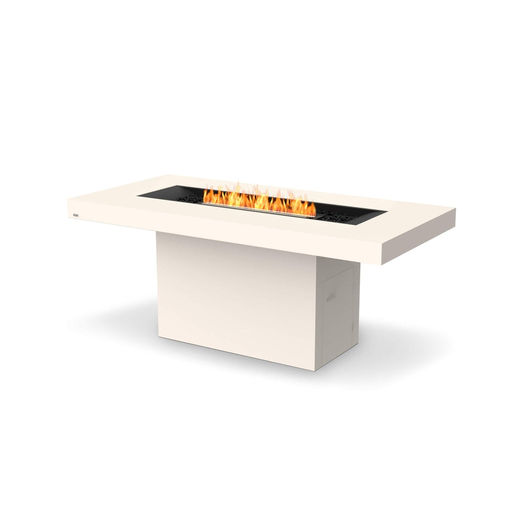 EcoSmart Fire Gin 90 bar table in white with a central rectangular bioethanol burner and orange flames.