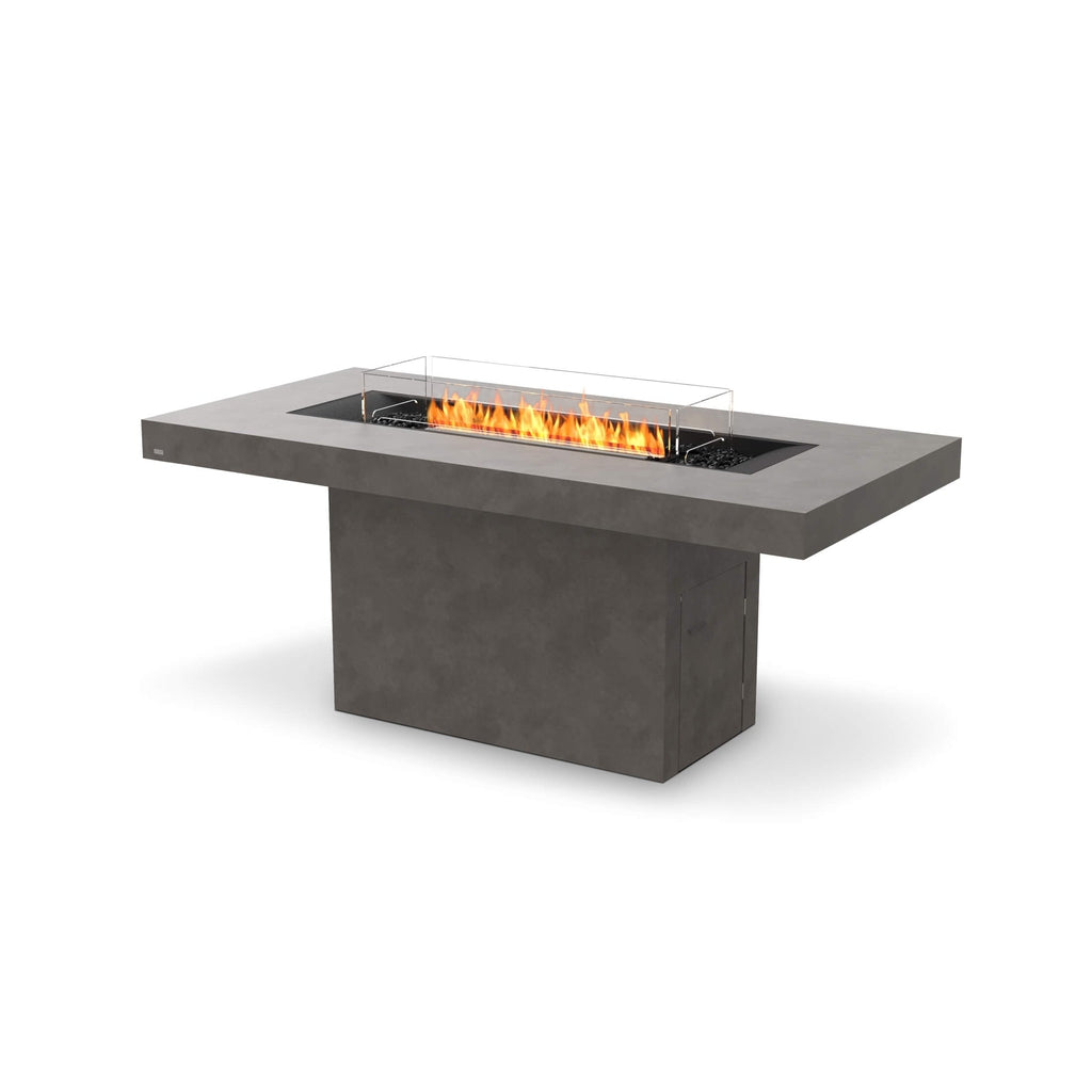 EcoSmart Fire Gin 90 bar fire pit table in grey concrete with a central bioethanol flame and glass wind screen.