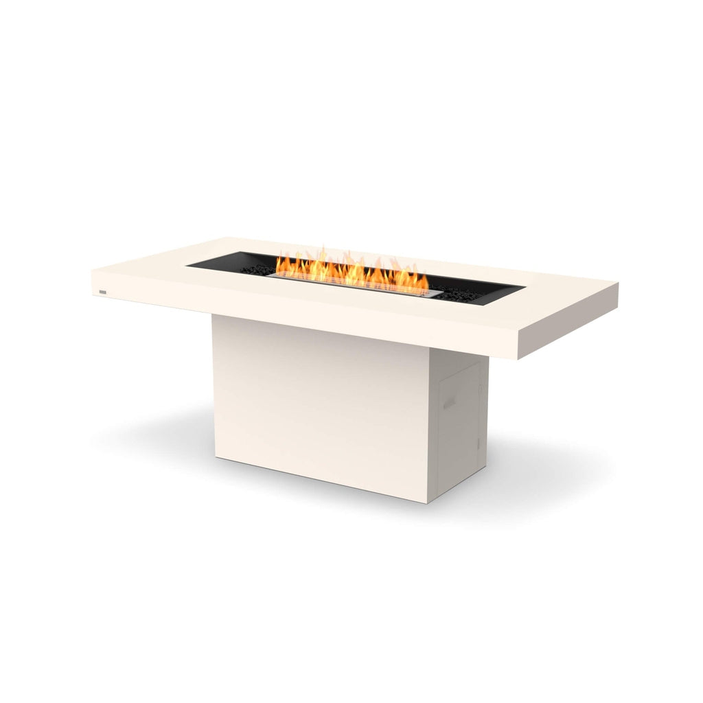 EcoSmart Fire Gin 90 bar fire pit table in cream with a central bioethanol flame and black decorative stones.