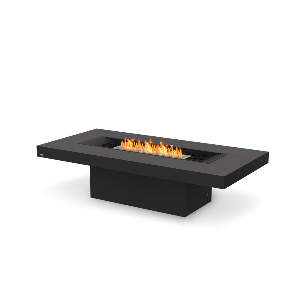 EcoSmart Fire Gin 90 bioethanol fire pit table in black with a rectangular frame and central burning flame.