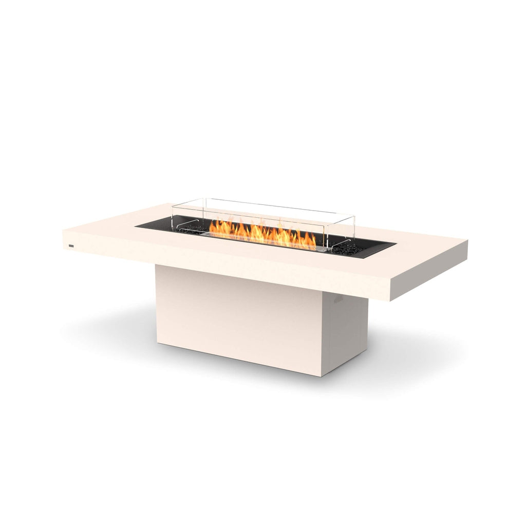 EcoSmart Fire Gin 90 dining fire pit table in cream with a central black burner and glass fire screen on white.