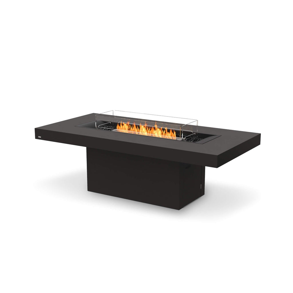 EcoSmart Fire Gin 90 dining fire pit table in black with a central linear flame and glass wind screen.