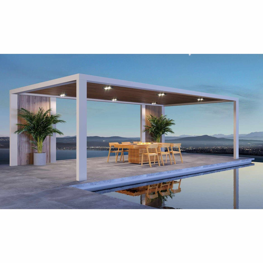 EcoSmart Fire Gin 90 dining fire pit table with wooden chairs under a modern pergola by a pool at twilight.