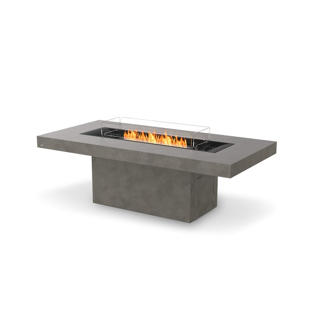 EcoSmart Fire Gin 90 dining fire pit table in grey concrete with a central linear flame and glass wind guard.