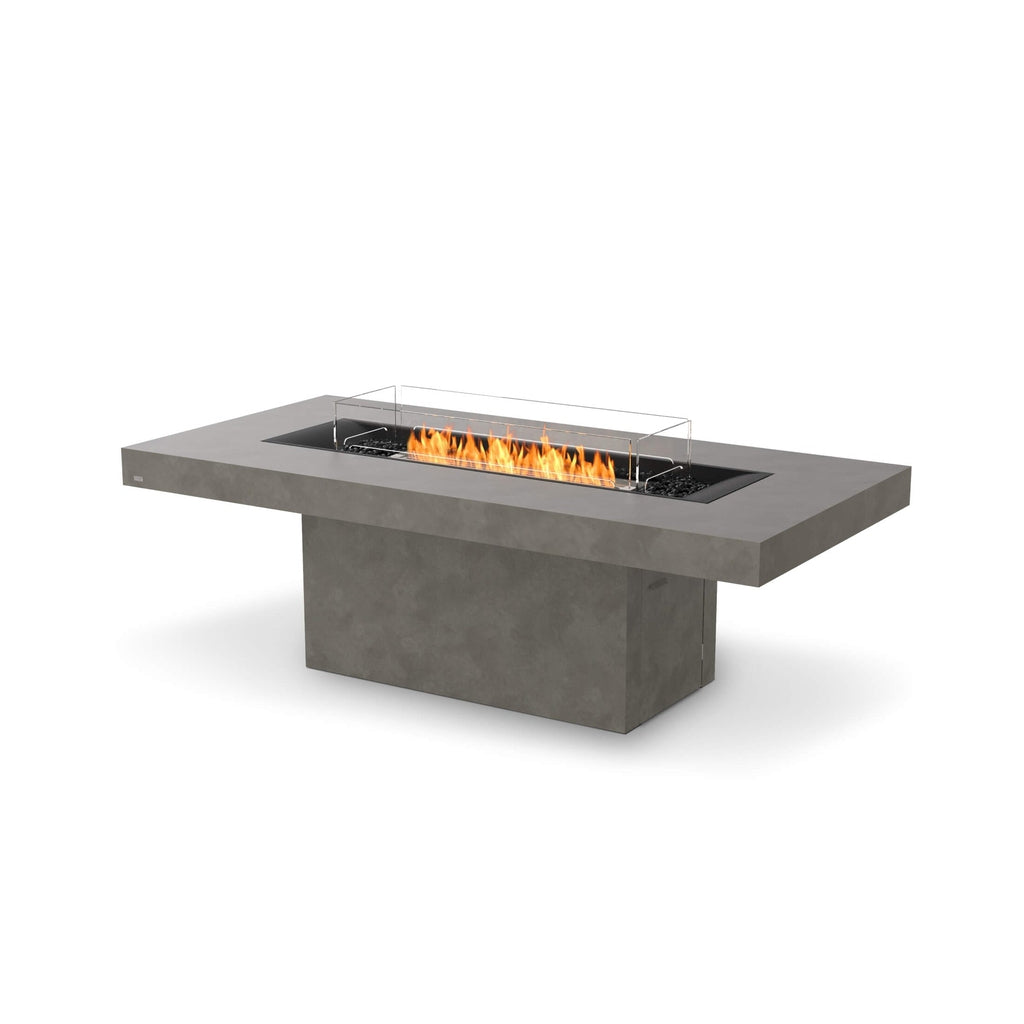 EcoSmart Fire Gin 90 dining fire pit table in grey concrete with a central flame and glass wind guard.