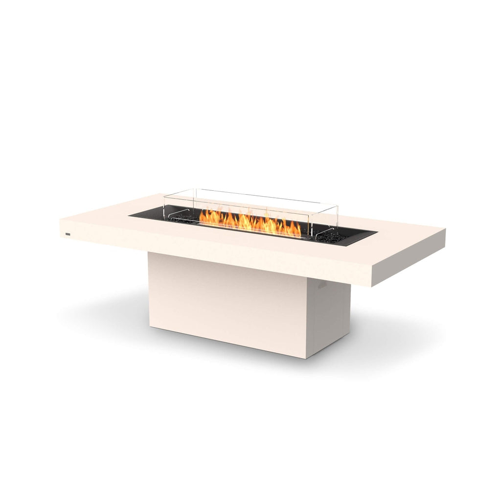 EcoSmart Fire Gin 90 dining fire pit table in bone finish with a central flame and glass fire screen.