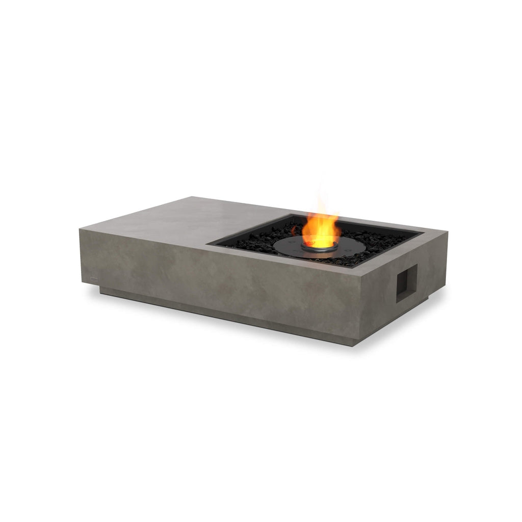 EcoSmart Fire Manhattan 50 bioethanol fire pit table in grey concrete with a central flame and black fire glass.