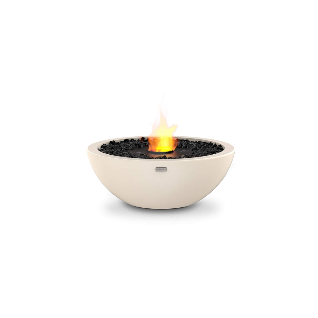 EcoSmart Fire Mix 600 bioethanol fire pit bowl in cream with black decorative stones and a central flame.