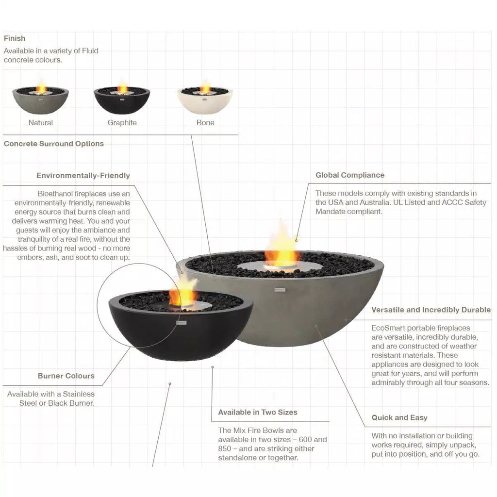 EcoSmart Fire Mix 600 bioethanol fire pit bowls in natural, graphite, and bone concrete finishes with black lava rocks.