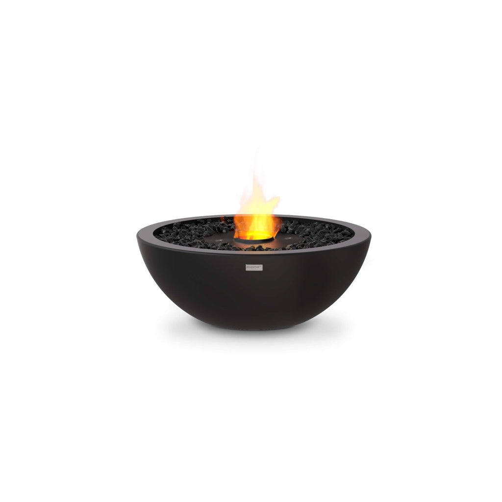 EcoSmart Fire Mix 600 bioethanol fire pit bowl in black with a central flame and decorative black stones.