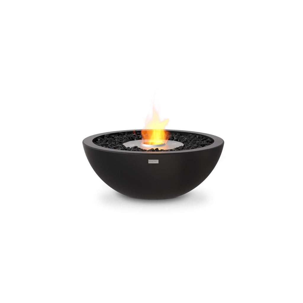 EcoSmart Fire Mix 600 bioethanol fire pit bowl in black with a central flame and decorative black stones.