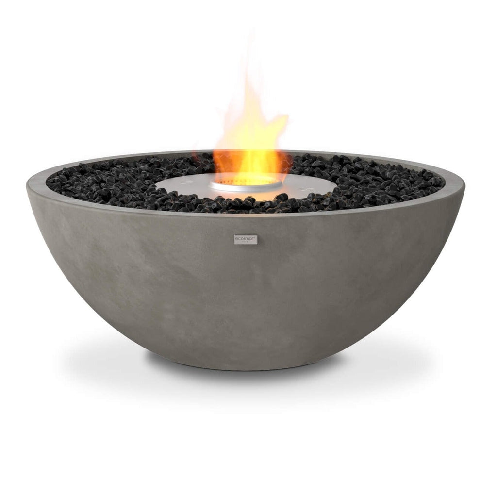 EcoSmart Fire Mix 850 bioethanol fire pit bowl in grey concrete with black decorative stones and a central flame.