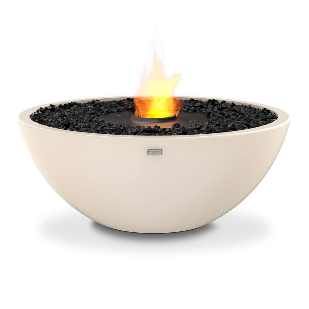 EcoSmart Fire Mix 850 bioethanol fire pit bowl in cream with black decorative stones and a central flame.