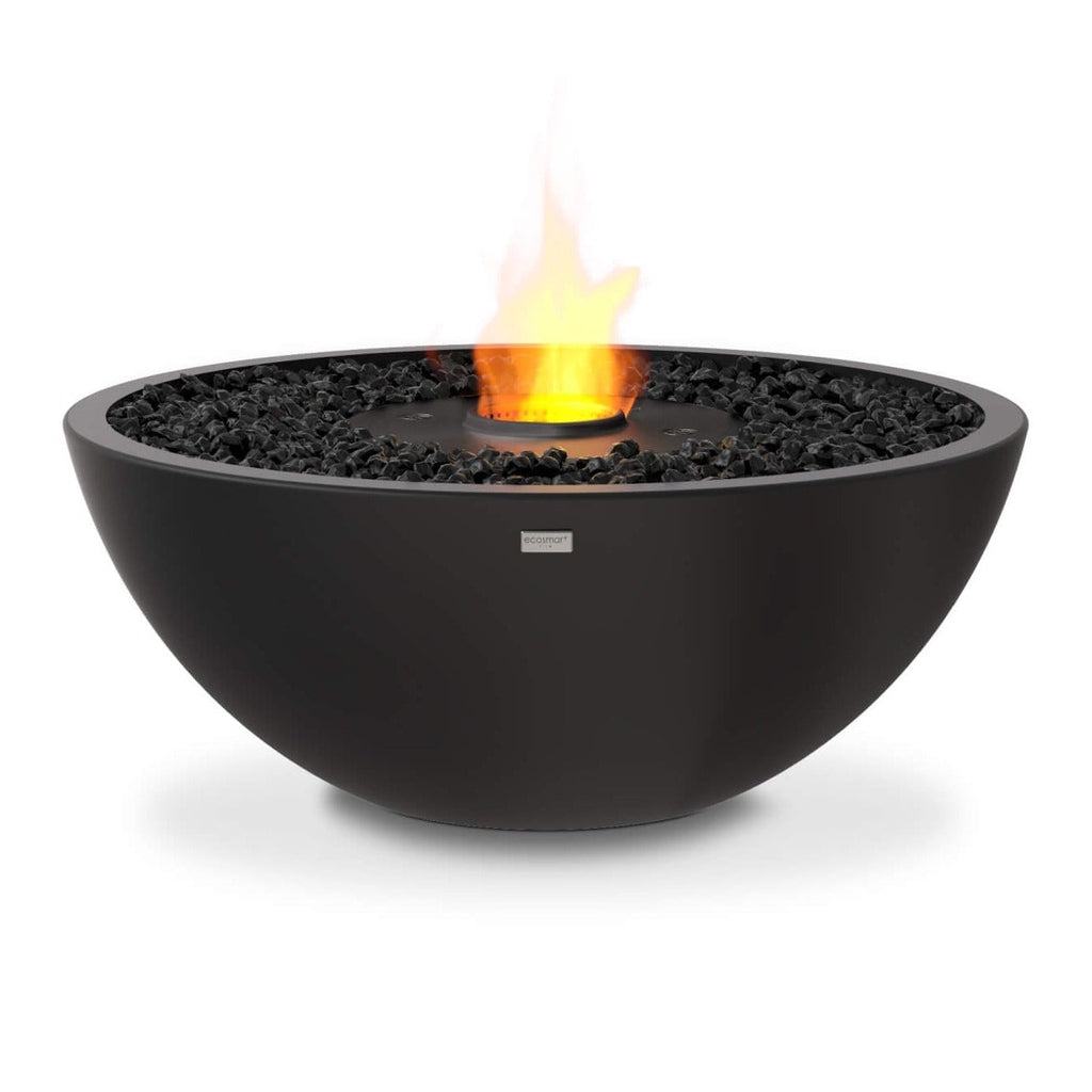 EcoSmart Fire Mix 850 bioethanol fire pit bowl in black with black decorative stones and a central flame.