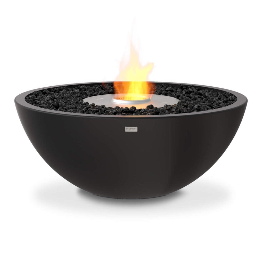 EcoSmart Fire Mix 850 bioethanol bowl with a black matte finish, central silver burner, and black decorative stones.