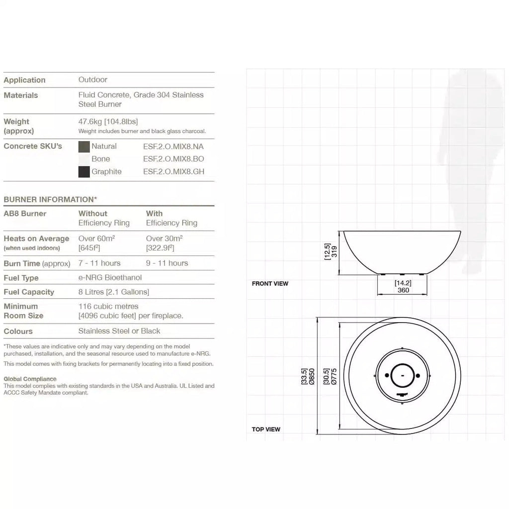 Technical diagram of EcoSmart Fire Mix 850 showing front and top view dimensions in millimetres.