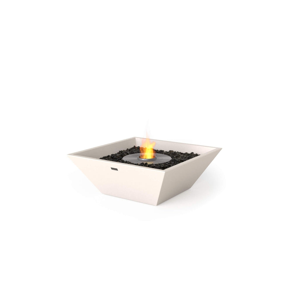 EcoSmart Fire Nova 600 bioethanol fire pit in a cream, square bowl design with black lava rocks and a central flame.
