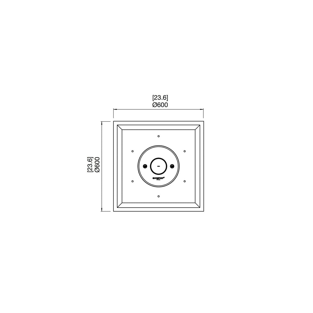 Top-down technical line drawing of the EcoSmart Fire Nova 600 showing a square frame with a 600mm diameter burner.