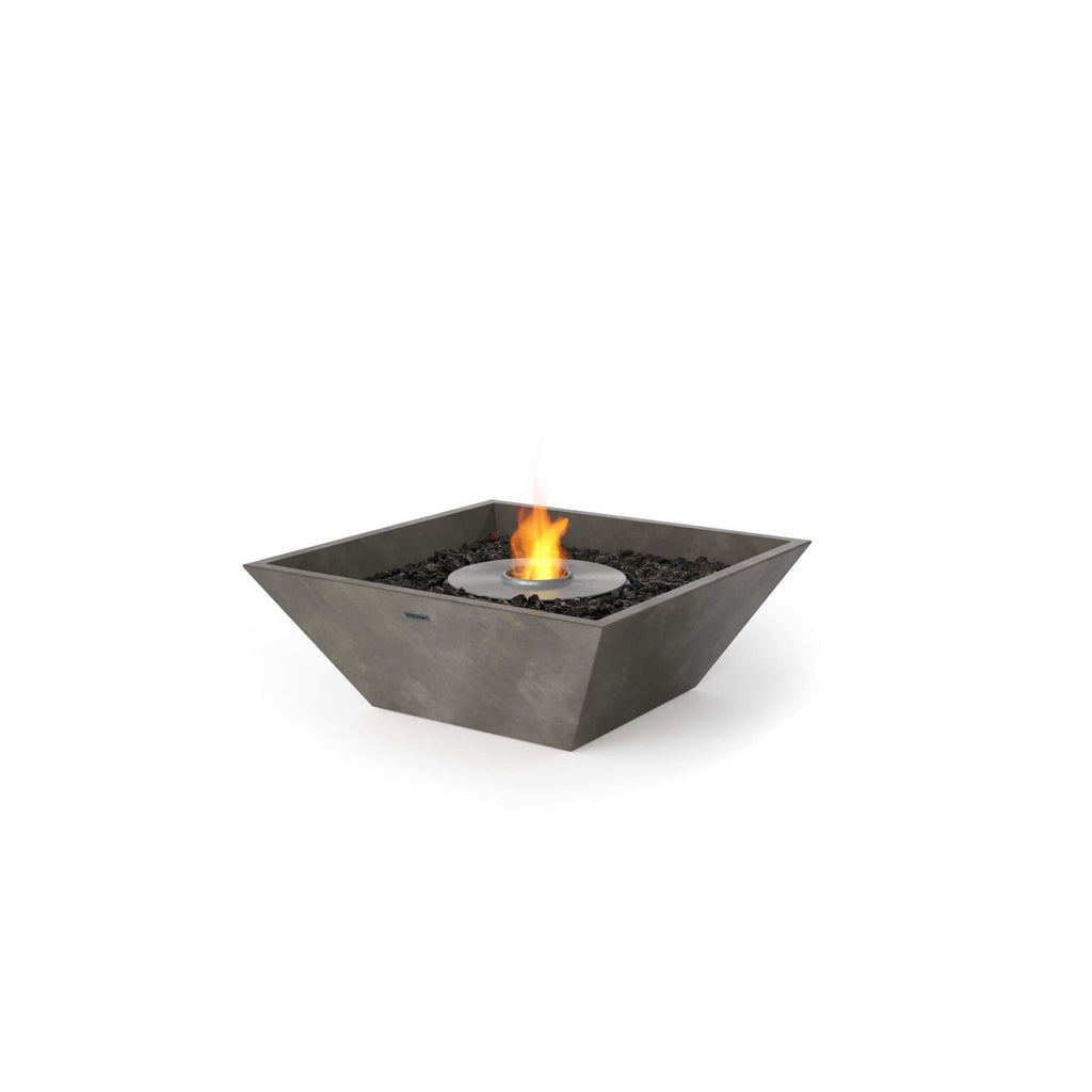 EcoSmart Fire Nova 600 bioethanol fire pit in a grey concrete finish with a central flame and black decorative stones.