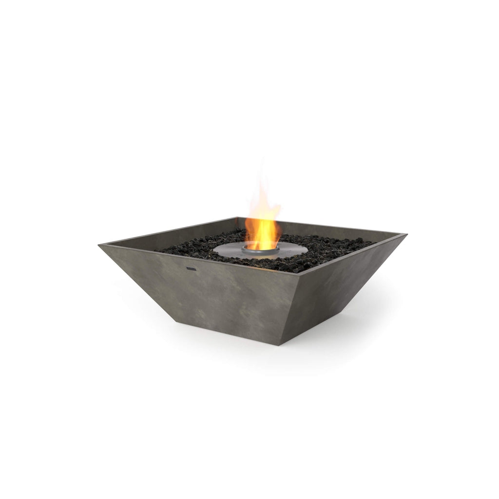 EcoSmart Fire Nova 850 bioethanol fire pit in grey concrete with black decorative stones and a central flame.