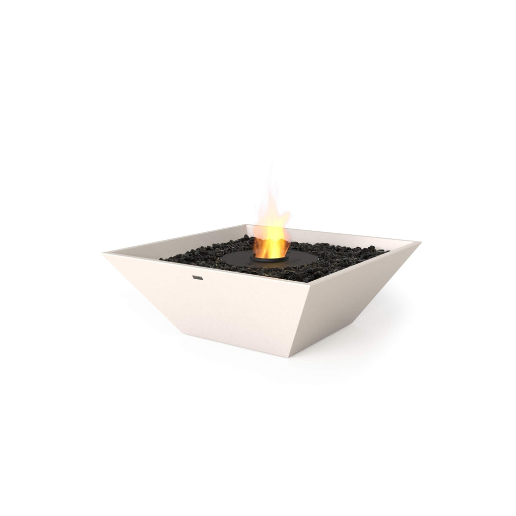 EcoSmart Fire Nova 850 bioethanol fire pit in white with a central black burner and black decorative stones.