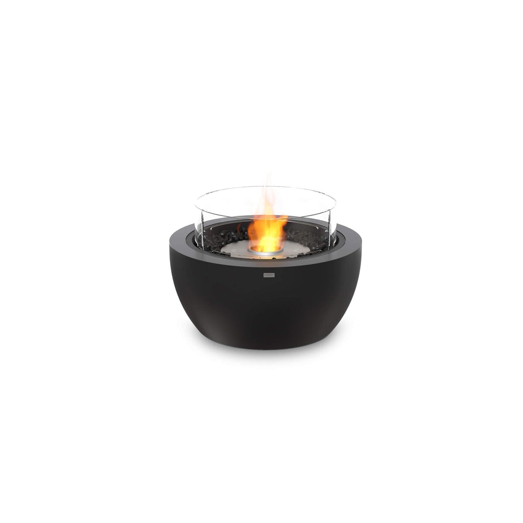 EcoSmart Fire Pod 30 bioethanol fire pit bowl in matte black with a circular glass screen and central flame.