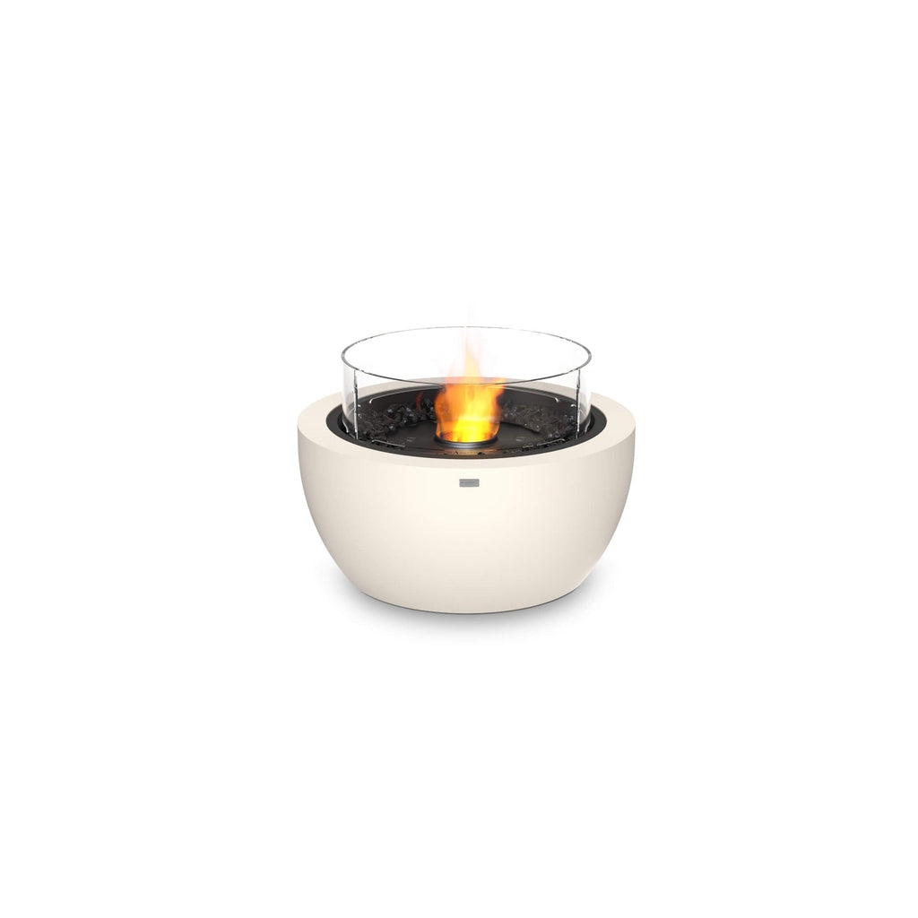 EcoSmart Fire Pod 30 bioethanol fire pit in cream with a circular glass screen and central flame on a white background.