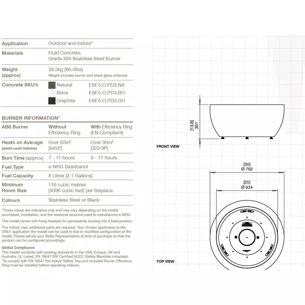 Technical diagram of the EcoSmart Fire Pod 30 showing front and top view dimensions with burner specifications.