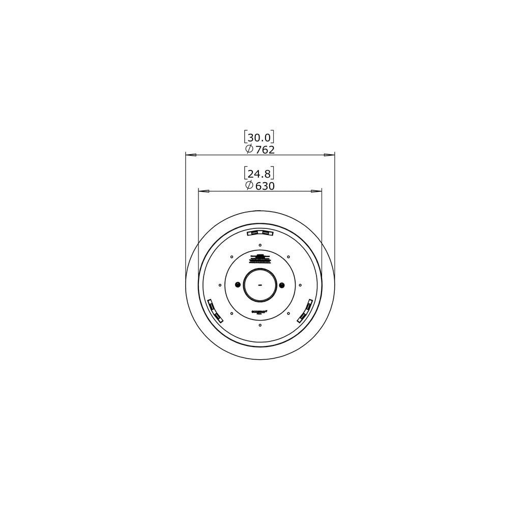 Technical line drawing of the EcoSmart Fire Pod 30 showing top-down dimensions of 762mm and 630mm diameters.