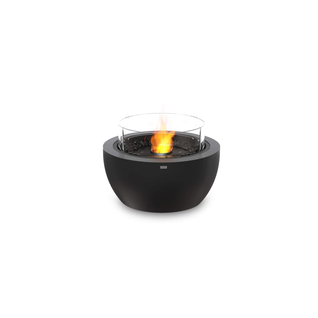 EcoSmart Fire Pod 30 bioethanol fire pit in matte black with a circular glass screen and central orange flame.