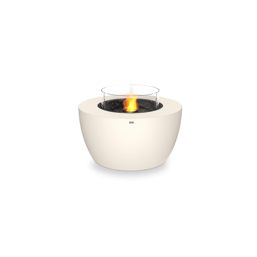 EcoSmart Fire Pod 40 bioethanol fire pit in cream with a circular glass screen and central flame on a white background.