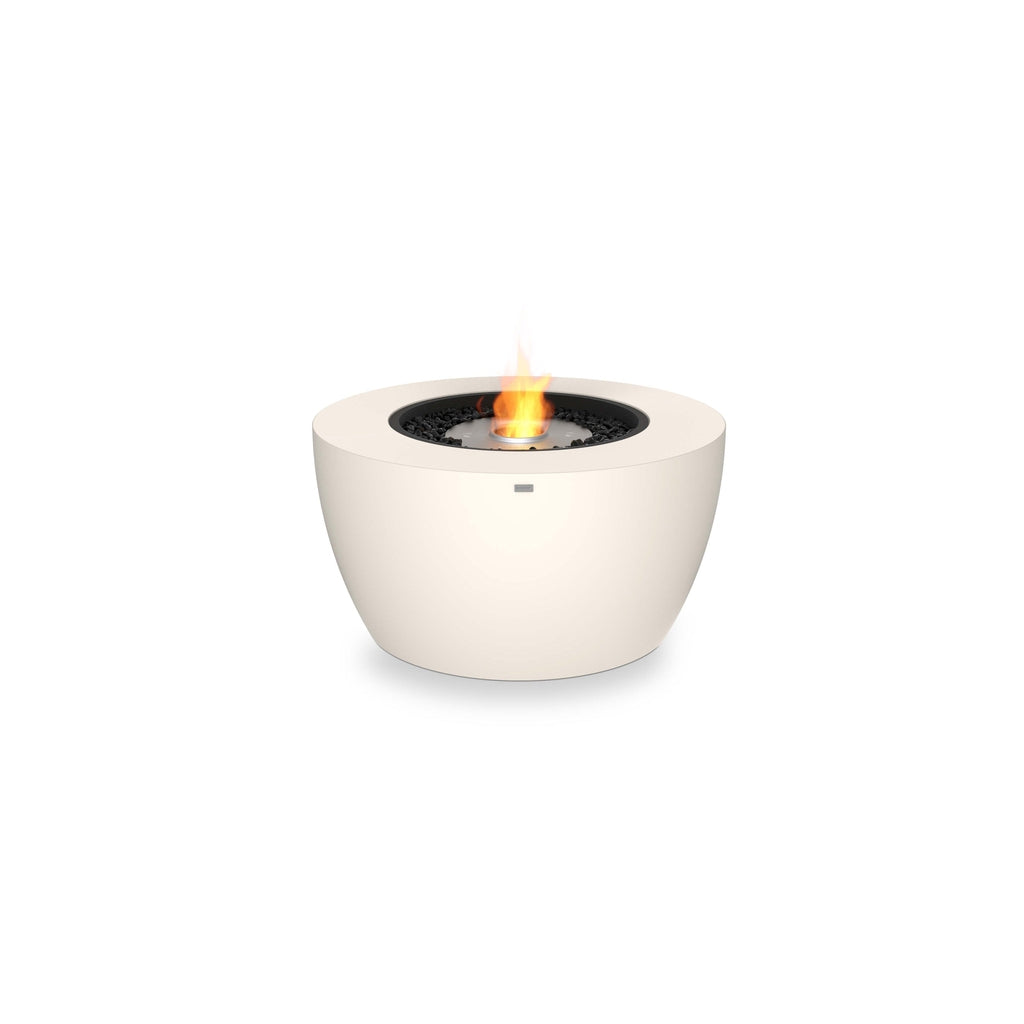 EcoSmart Fire Pod 40 bioethanol fire pit bowl in cream with a central flame and black decorative stones.