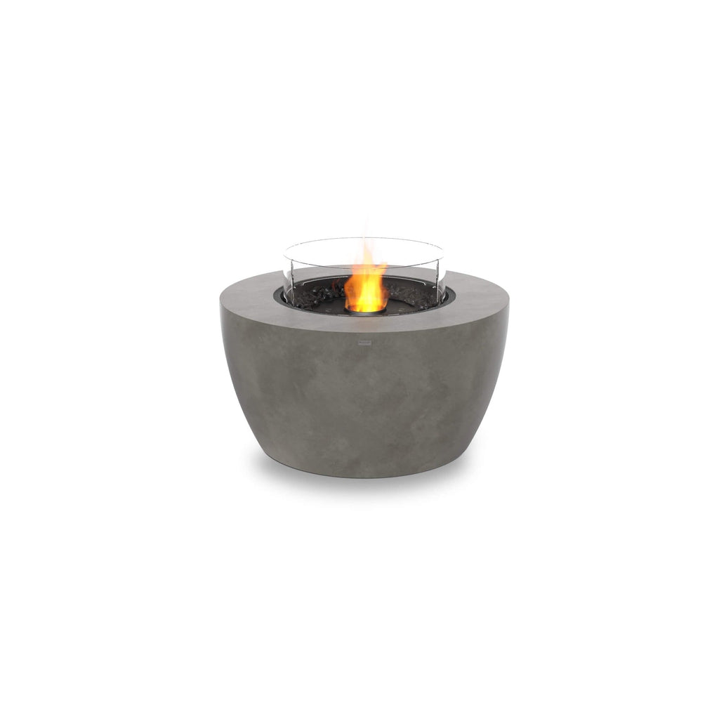 EcoSmart Fire Pod 40 bioethanol fire pit with a grey concrete bowl, glass wind guard, and central flame.
