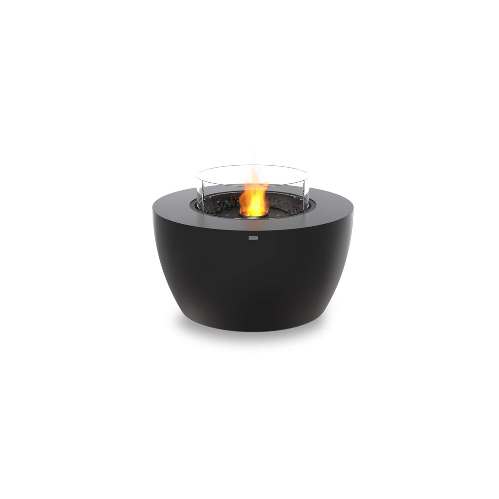EcoSmart Fire Pod 40 bioethanol fire pit bowl in matte black with a circular glass screen and central flame.