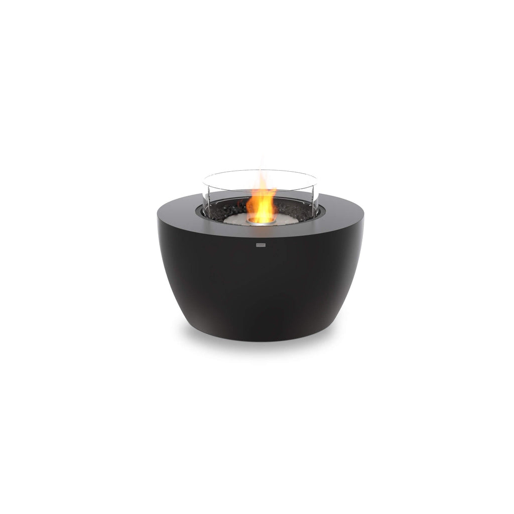 EcoSmart Fire Pod 40 bioethanol fire pit bowl in black with a central flame and circular glass wind guard.
