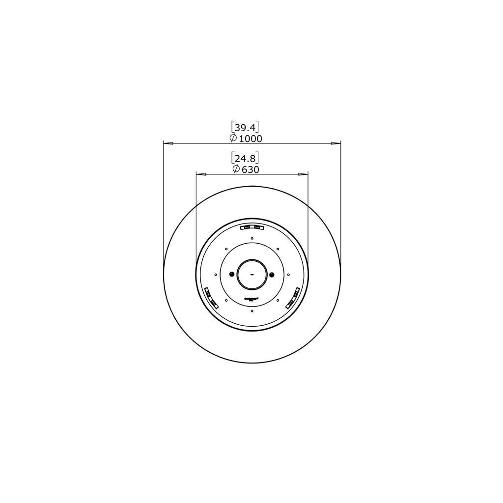 Top-down technical line drawing of the EcoSmart Fire Pod 40 showing circular dimensions of 1000mm and 630mm.
