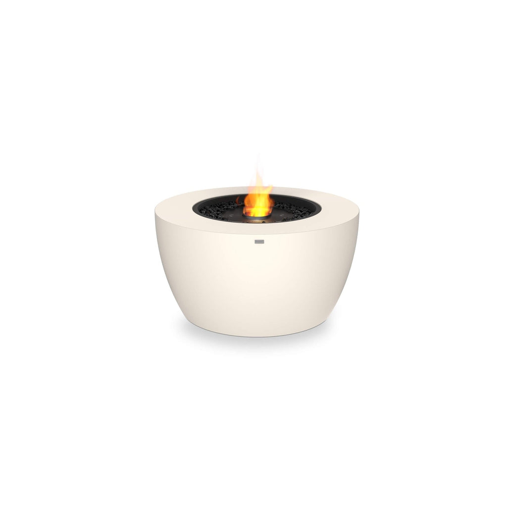 EcoSmart Fire Pod 40 bioethanol fire pit in cream with a black burner and glowing orange flame on a white background.