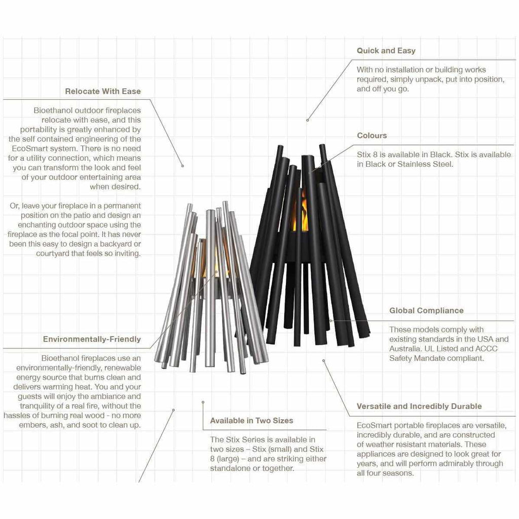 EcoSmart Fire Stix 8 bioethanol fire pit in black, featuring a modern, stick-like design with a central flame.