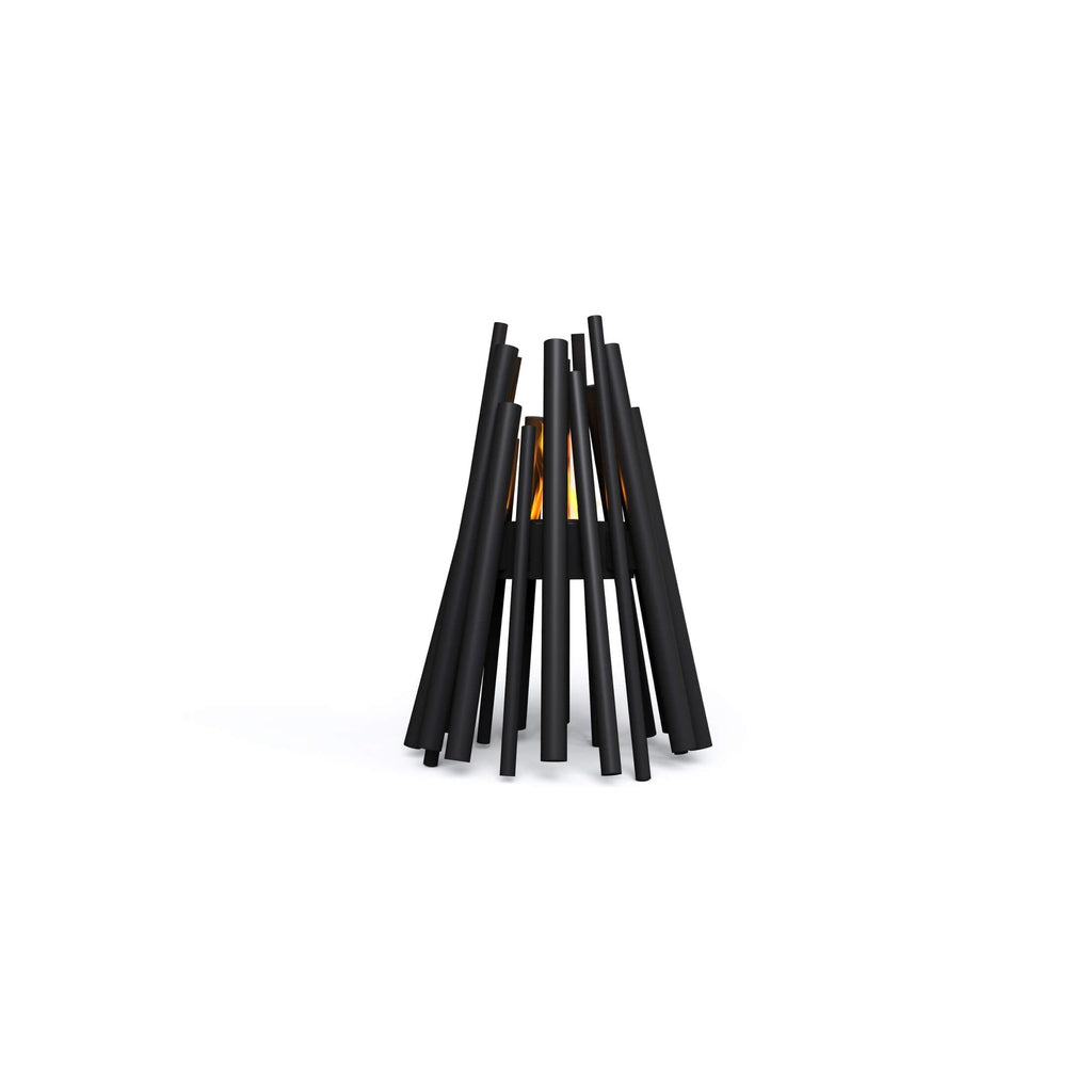 EcoSmart Fire Stix bioethanol fire pit featuring a black, stick-like metal frame with a central glowing flame.