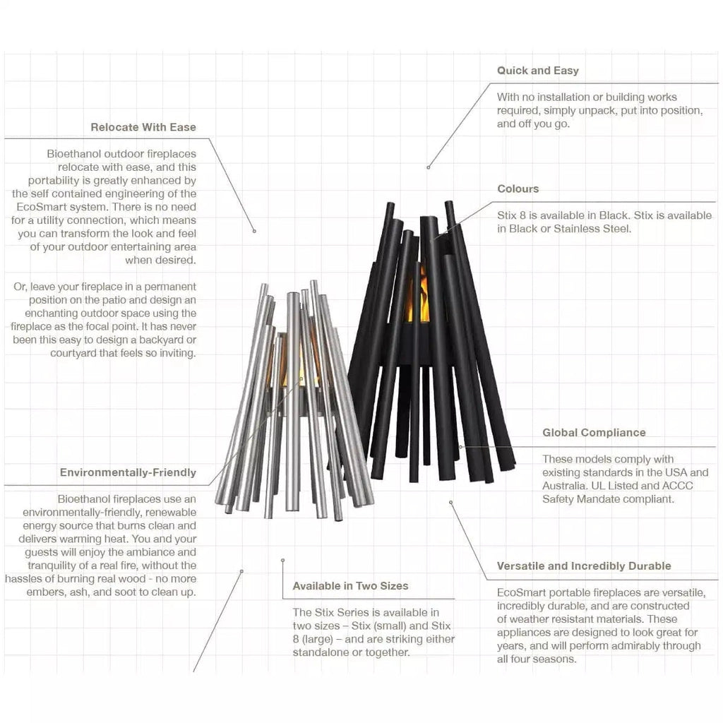 EcoSmart Fire Stix bioethanol fire pits in black and stainless steel finishes with text annotations on a grid background.