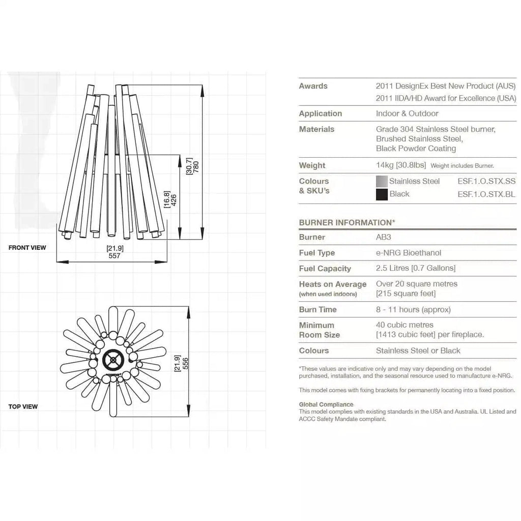 Technical line drawing of the EcoSmart Fire Stix bioethanol fire pit showing front and top view dimensions.