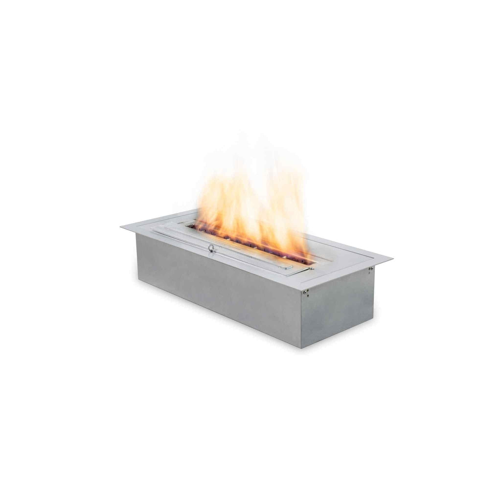 EcoSmart Fire XL500 Ethanol Burner in brushed stainless steel with a rectangular frame and active orange flames.
