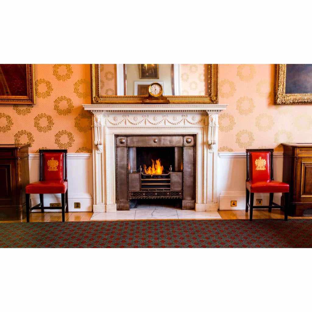 EcoSmart Fire XL500 ethanol burner installed in a traditional metal fireplace grate within an ornate stone mantel.