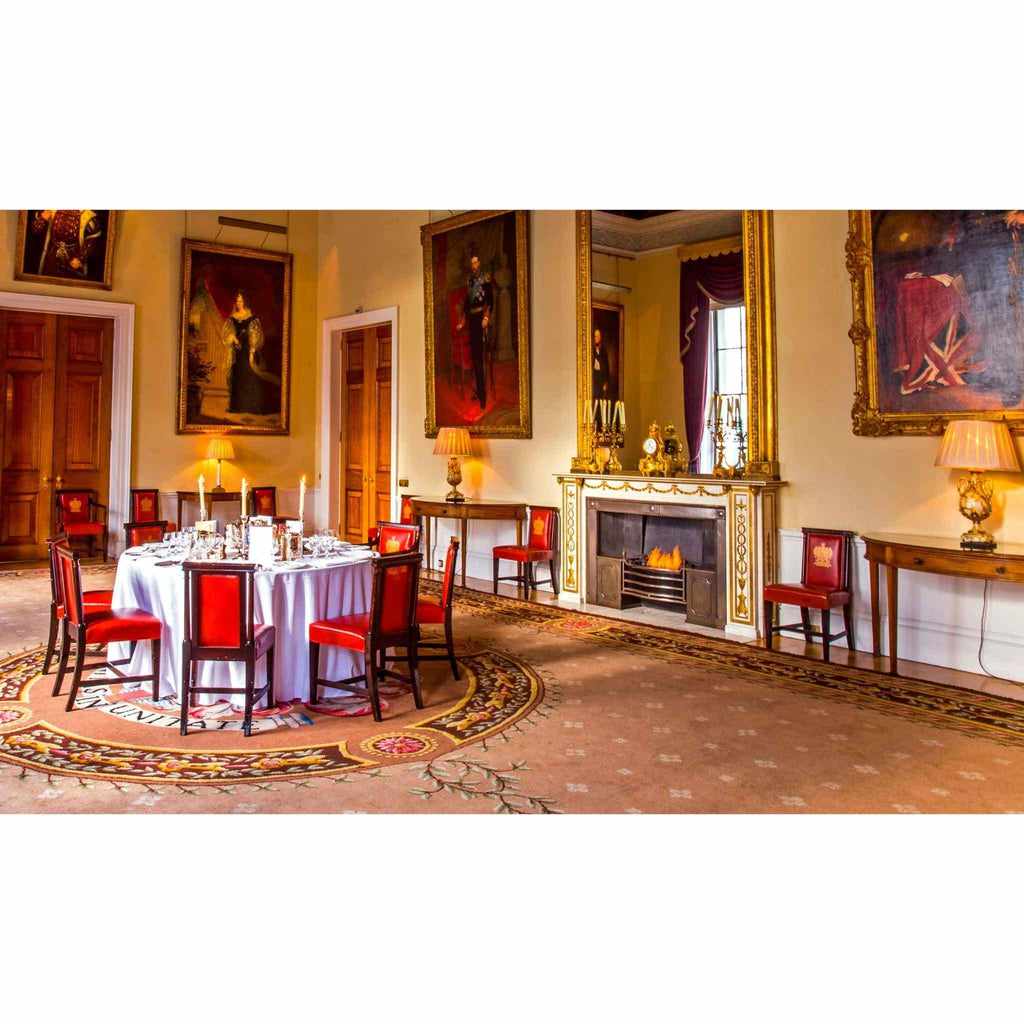 EcoSmart Fire XL500 ethanol burner glowing with a warm flame inside a traditional stone fireplace in a grand room.