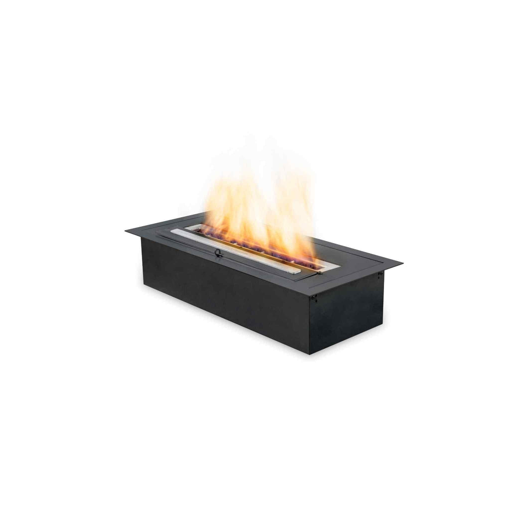 EcoSmart Fire XL500 ethanol burner with a black rectangular metal casing and a central flame on a white background.